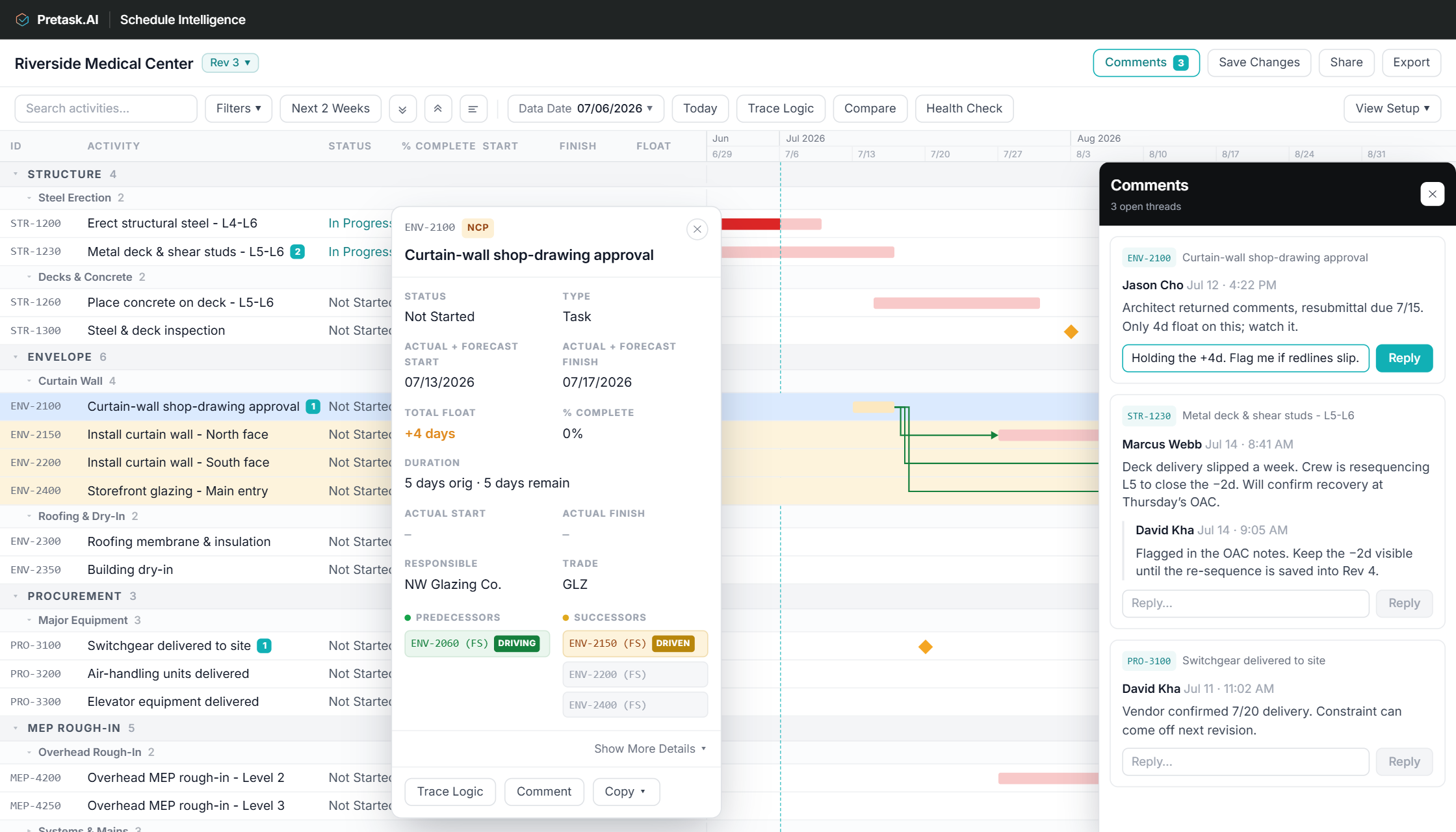 Schedule Intelligence app: activity grid, Gantt, an open activity card, and the comments rail